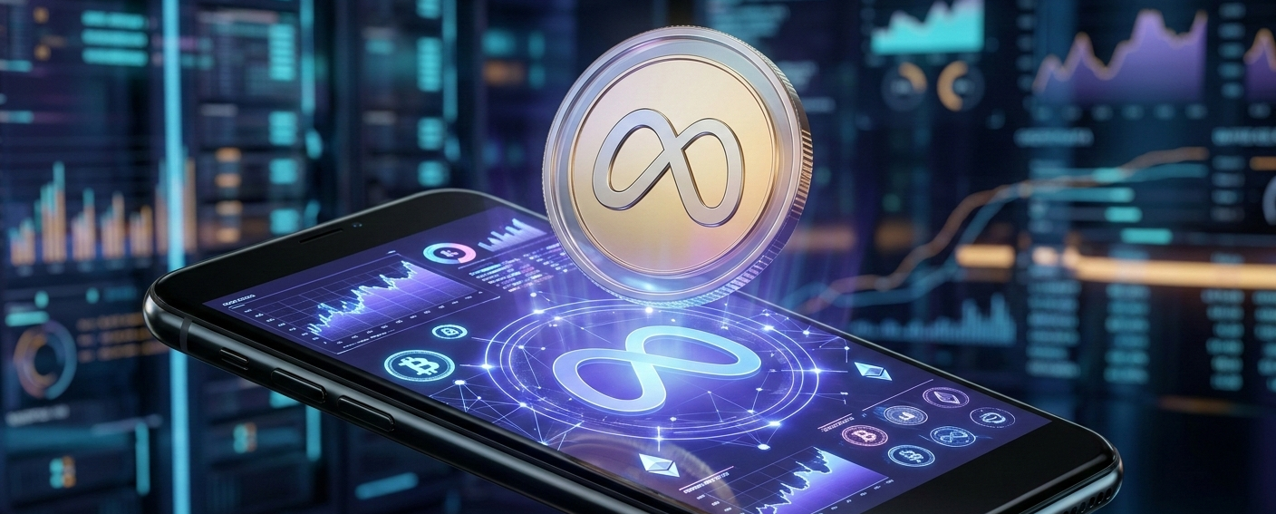 schwebende Meta-Münze über einem Smartphone zeigt. Es visualisiert perfekt den "neuen Stablecoin"-Angriff von Mark Zuckerberg.